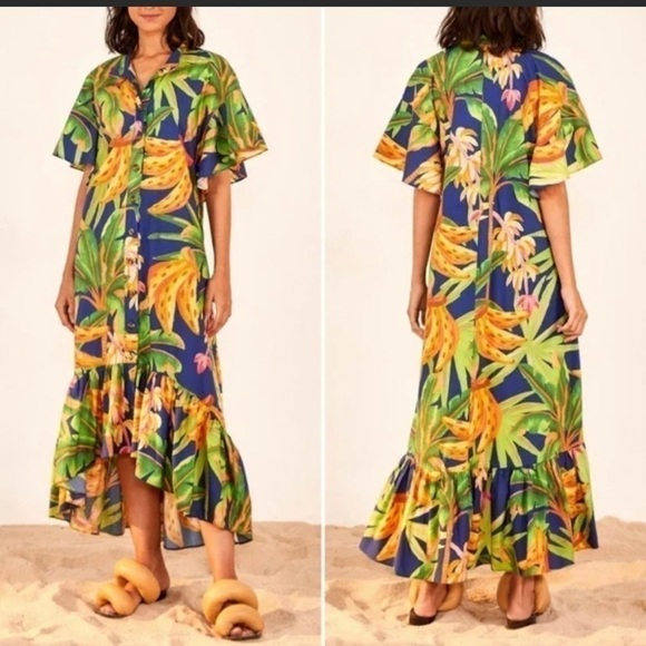 Farm Rio Banana Forest Midi Chemise Dress! Gorgeous! Tropical/Summer/Beach-NWT—S